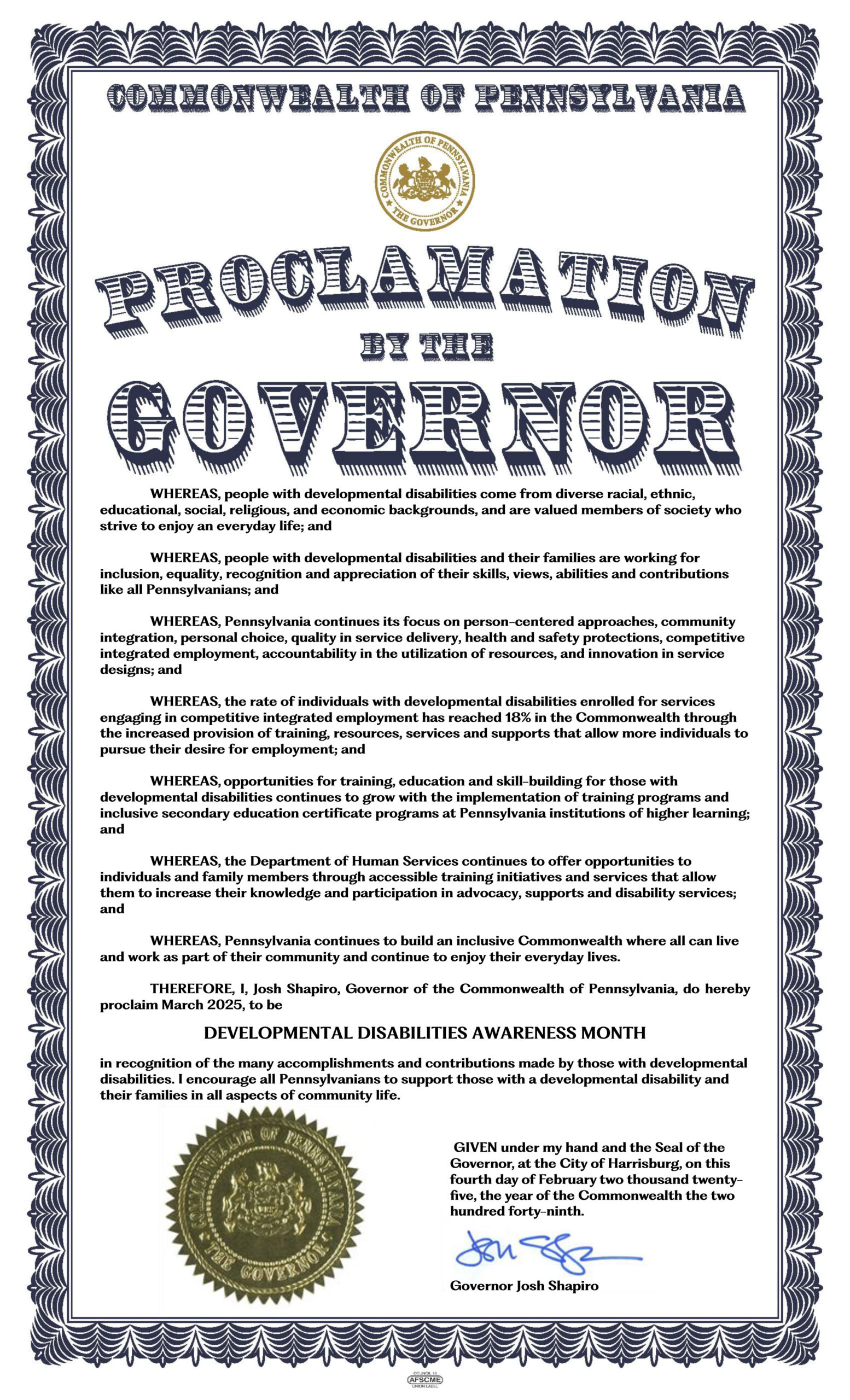 Governor Josh Shapiro has proclaimed March 2025 as Developmental Disabilities Awareness Month